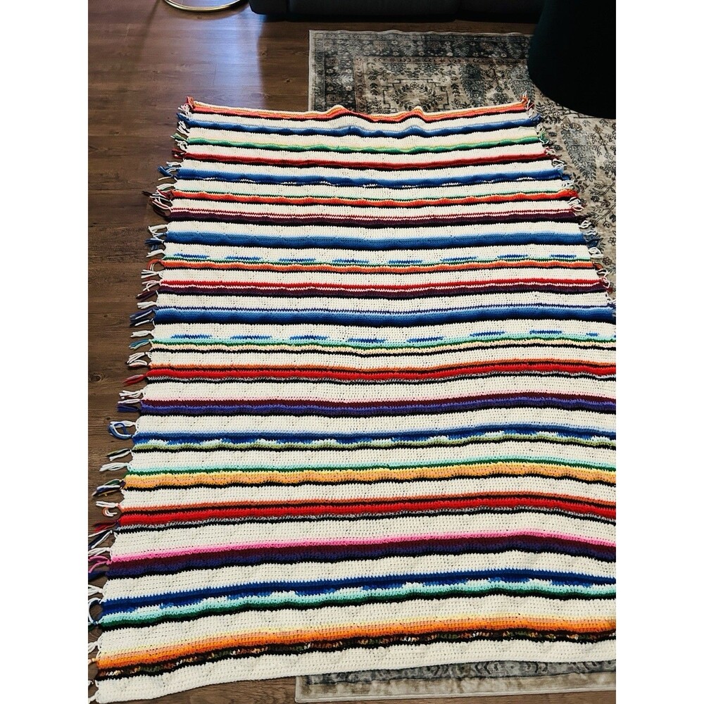 Handmade Crochet Serape Sofa Throw 54 Inch 72 Blanket Beautiful Vintage Mexican